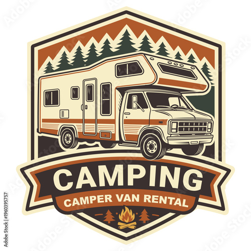 Vintage RV camper color vector badge. Retro design fot outdoor adventure logo, road trip graphics. Perfect for camping, travel branding, camper van rental promotions or travel merchandise.