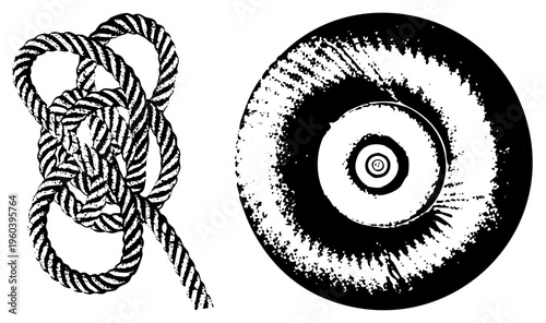 Tightly knotted rope with textured strands, nautical knotwork, maritime rope, sailor’s knot, vector illustration, halftone shading, circular target with distressed edges, concentric rings.
