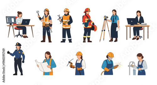 Diverse group of women in various professional roles including firefighter, police officer, scientist, office worker, and construction builder.