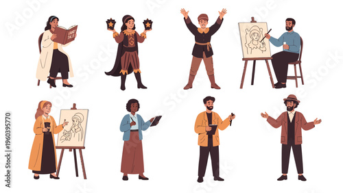 Diverse Historical & Artistic Characters Set. Flat vector illustration of creative people in various traditional roles.