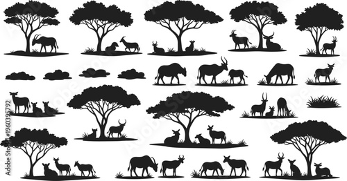 African Savanna Wildlife Silhouette Landscape Set with Acacia Trees Antelope Herd Grazing Animals and Nature Habitat Scenes for Safari Conservation Education and Graphic Design Projects
