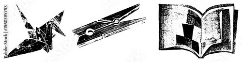 Black and white halftone illustrations origami bird, wooden clothespin, open book. Minimalist vector art with textured shading, ideal for print or digital design.