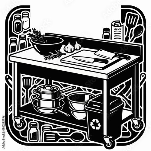 Fully equipped professional kitchen workstation icon. Stainless steel prep table with kitchenware and tools composition. Black and white silhouette for restaurant operation and culinary workspace