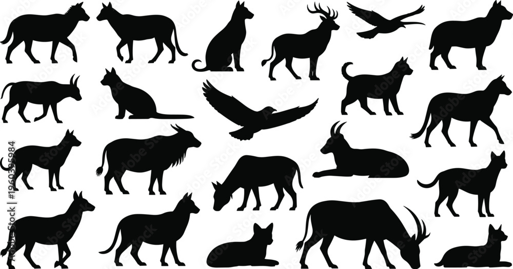 Obraz premium Wildlife and Farm Animal Silhouette Icon Set with Wolf Deer Cattle Goat and Bird Shapes Collection for Nature Education Logos Apps and Graphic Design Projects