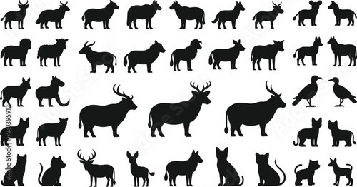 Farm and Wildlife Animal Silhouette Icon Set with Cattle Deer Sheep Dog Cat and Bird Shapes Collection for Agriculture Education Logos Apps and Graphic Design Projects