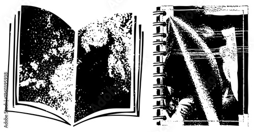 Vintage style open book with speckled pages, spiral bound notebook with distressed texture, vector illustration, study tools, creative writing, journaling.