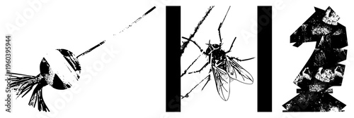 Black and white vector fly with textured wings, lollipop with striped candy, chess knight piece isolated graphic elements, halftone style, flat design, glyph.