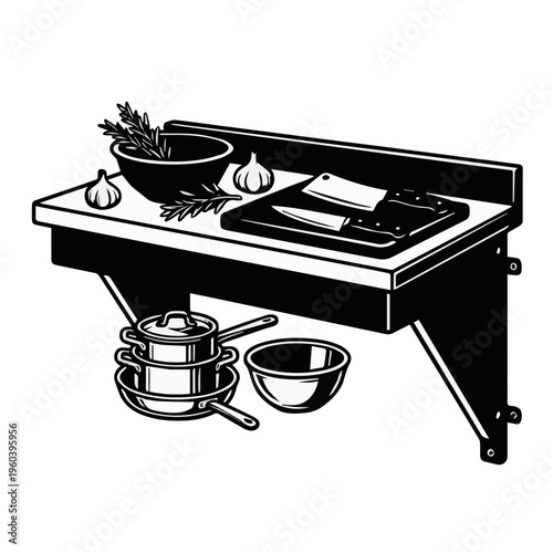 Stainless steel kitchen table with backsplash icon. Professional prep station with rear guard silhouette. Commercial food prep worktable for wall-mount placement