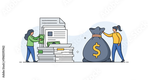 Two professional women managing financial documents and large bags of cash to represent wealth management and accounting.