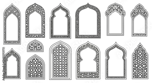 Collection of Islamic Arched Windows with Intricate Geometric Patterns
