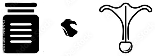 Minimalist black art including a jar with, a stylized leaf, and a T shaped object with curved arms and base. Vector graphic, clean design, flat style.