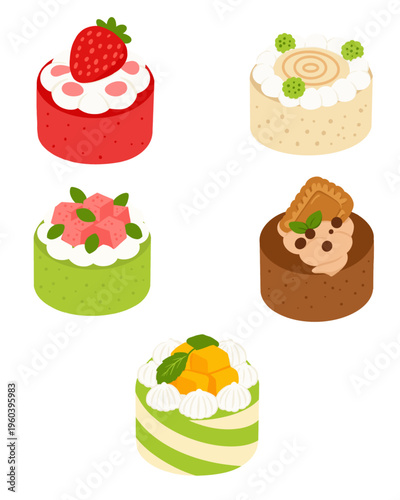Set of cute colorful mini cakes with various toppings including strawberry, chocolate, mango, and fruit, in simple flat vector style