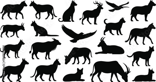 Wildlife and Farm Animal Silhouette Icon Set with Wolf Deer Cattle Goat and Bird Shapes Collection for Nature Education Logos Apps and Graphic Design Projects