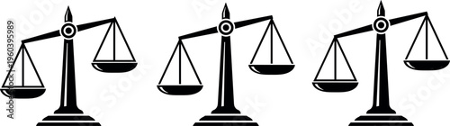  Balance scales vector illustration with tilted pans, black artwork symbolizing inequality, weight comparison, fairness, and justice themes