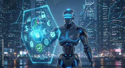Futuristic robot protecting digital shield with security icons in a modern city at night