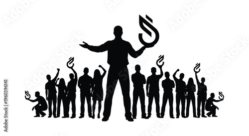 Black silhouette icons of people with pitchforks, protest symbols, crowd illustrations, vector graphics