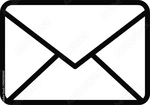 Black and white envelope icon illustration, closed mail symbol with triangular flap, communication design for email, message, letter, and correspondence graphics