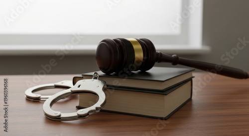 Justice system - Gavel, handcuffs, and law books on a table.