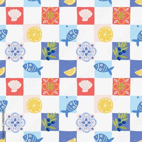 Colorful Mediterranean Seamless Pattern with Fish and Shells