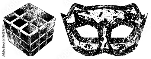 Classic 3x3 ’s cube puzzle with textured shading, dramatic theatrical mask with splattered ink effect, both rendered in halftone style for graphic design.