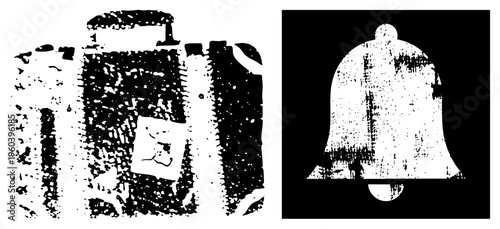 Travel suitcase with handle and label, bell with clapper, distressed halftone print, retro graphic design, vector illustration, art.