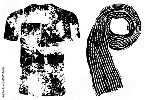 Black and white vector apparel distressed t shirt with splatter, coiled with dotted texture, urban streetwear, fashion illustration, graphic design elements.