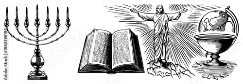 Religious featuring menorah, open holy book, Christ figure with outstretched arms, and globe, representing faith, scripture, global reach, and divine presence.
