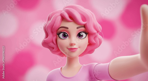 3D Cartoon Girl with Pink Hair Taking a Selfie, Pink Polka Dot Background