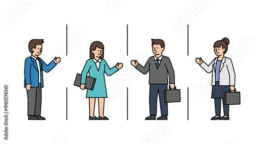 Business professionals communicating in separate spaces, individual presentations or discussions, flat design illustration.