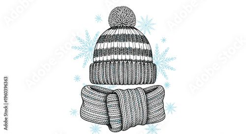 Cozy winter fashion accessories featuring a knitted wool hat with a pom-pom and a matching warm scarf on a snowflake background.