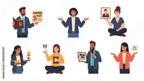 Diverse People Presenting Objects & Ideas. Communication, Information Exchange, and Discussion Concept Illustration
