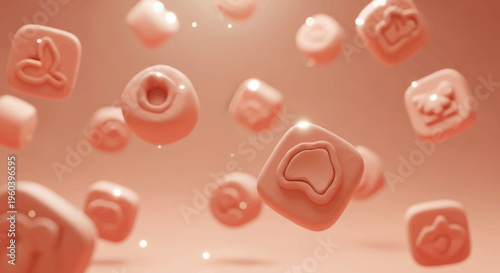 3D Rendered Pink Gummy Candies with Embossed Icons Floating