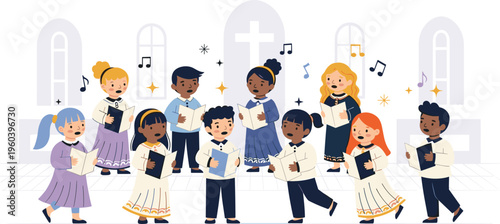 Diverse children choir singing from songbooks in church or school hall with music notes and architectural background vector illustration