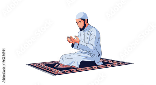Devout Muslim man wearing a kufi cap kneeling on a traditional prayer rug while performing dua with raised hands.
