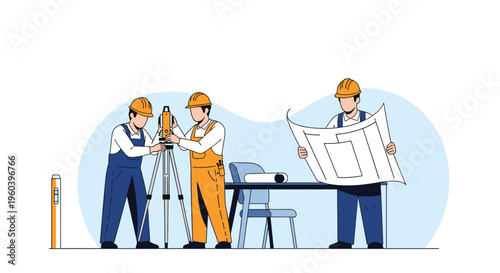 Team of professional construction surveyors working with a theodolite instrument and reviewing site blueprints together.