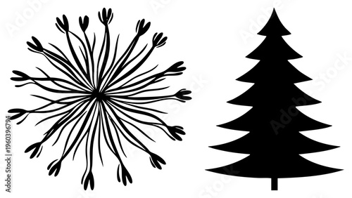 Dandelion seed head silhouette, dandelion puff, evergreen tree, botanical vector, nature set, flat design graphic, isolated elements.