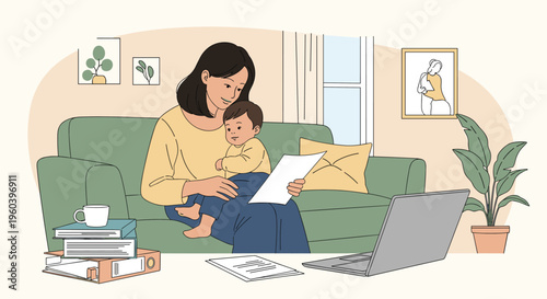 Young mother working from home sitting on a couch while holding her baby and reviewing important business documents.
