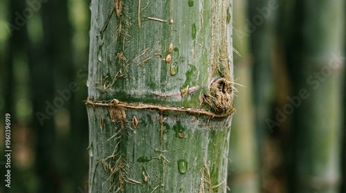 Bamboo stem close-up with segmented texture, green sustainable material detail.