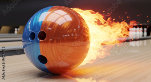 Fiery Bowling Ball Blazing Down Lane, Extreme Sport Action