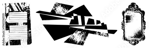 Fragmented geometric forms with distressed texture, modern art composition, stylized vector elements, graphic design motifs, abstraction.