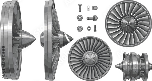 Detailed airplane jet engine turbine fan blades with mechanical bolts nuts vector illustration set for aerospace engineering aviation technology and industrial manufacturing design projects