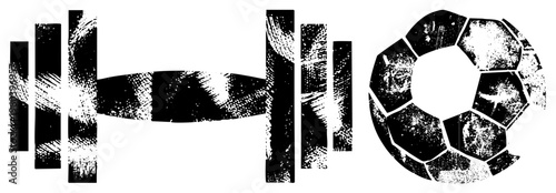 Distressed black barbell and soccer ball with halftone grain, fitness equipment, sport graphics, gritty vector design, athletic symbols.