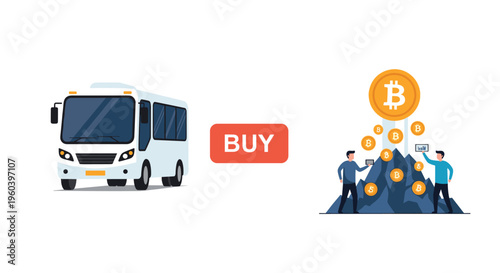 Investment and transportation concept featuring a modern white bus and people mining for bitcoin cryptocurrency.