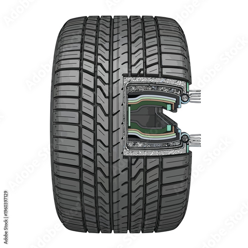Detailed cross-section view of a modern vehicle tire showcasing its internal construction and tread pattern