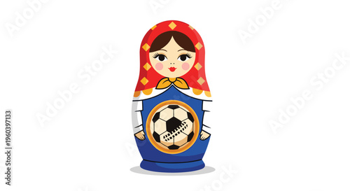 Russian matryoshka doll decorated with traditional patterns and a football symbol celebrates the spirit of world soccer.