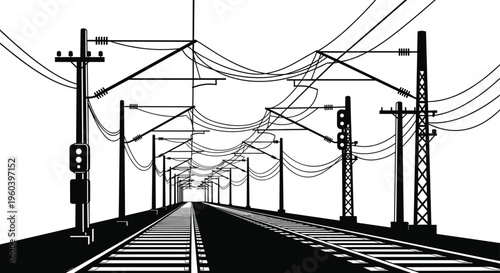 Railway track perspective with electric poles and overhead wires infrastructure transportation system silhouette urban rail network vector illustration