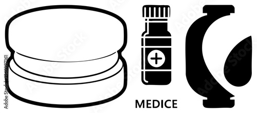 Medical including pill container, medication bottle, and dropper, used in healthcare UI, medical apps, or pharmacy branding, minimalist and scalable.