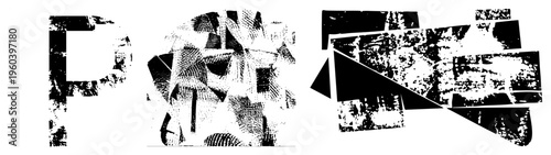 Stylized fragmented letters with halftone grain, abstract typography, graphic design elements, digital art, black and white composition.