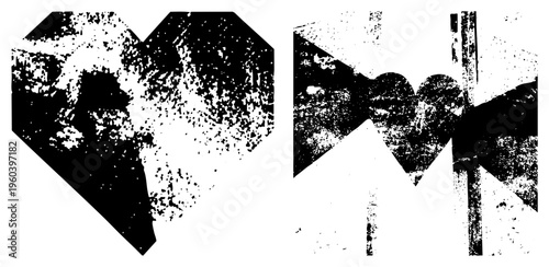 Fragmented heart shapes with distressed texture, broken love symbol, emotional, graphic design element, silhouette.