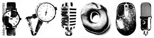 Timepiece with analog dial, pressure gauge with, vintage microphone grille, glazed donut, ergonomic mouse, studio condenser mic all in halftone vector style.